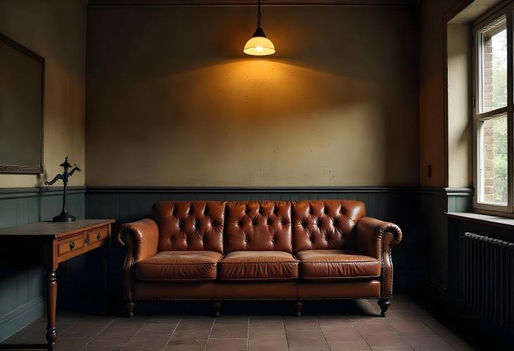 Classic Vintage Interior with Leather Couch, Wood Table, and Overhead Light